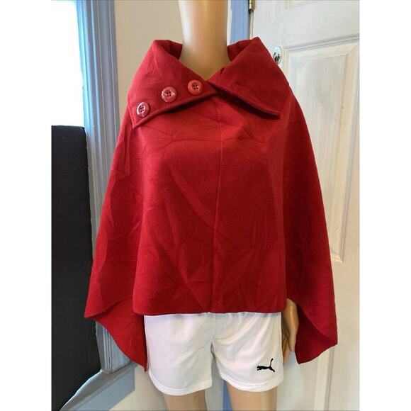 Women One Size Fit Most Poncho Cap Shawl Over Top Jacket Red Woolblend Asymetric - Picture 9 of 9